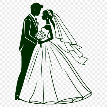 Illustrated wedding scene featuring a bride and groom with a romantic background.