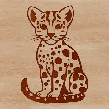 A wild big cat, the Ocelot, is depicted in a sitting position.