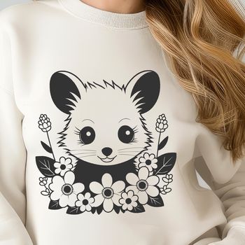 A colorful illustration of a possum surrounded by floral elements, suitable for vector graphics.