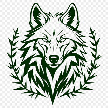 A digital illustration of a wolf's head with thorny foliage surrounding it.