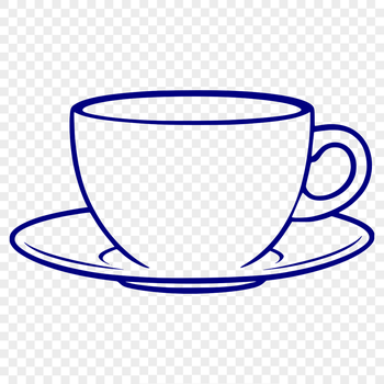 A stylized illustration of a teacup with a delicate handle and saucer.