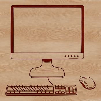 A diagrammatic representation of a desktop computer with keyboard.