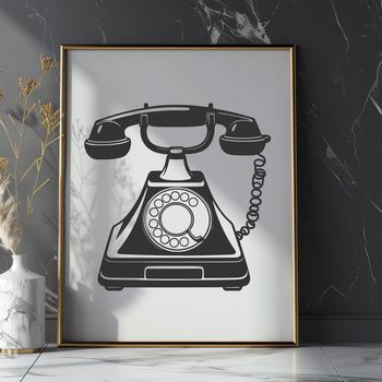 A graphic illustration of a classic telephone with receiver and keypad.