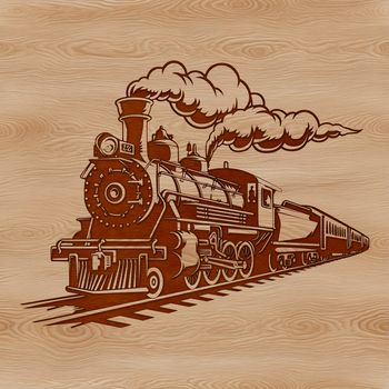 A stylized illustration of a classic train with detailed design features.