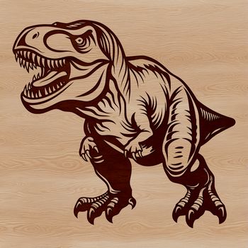 Illustration of a Tyrannosaurus Rex dinosaur in prehistoric landscape.