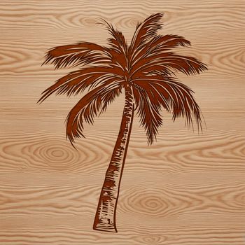 A lone palm tree standing tall on a sandy beach, surrounded by tropical foliage.