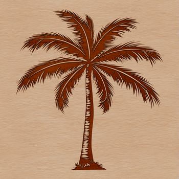A stylized illustration of a palm tree with swaying fronds against a clear blue sky.