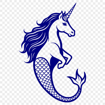 A mythical aquatic creature with the upper body of a woman and lower body of a fish, inspired by mermaid and unicorn designs.