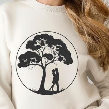 Illustrated tree design with intertwined branches and hearts, ideal for Valentine's Day or wedding decorations.