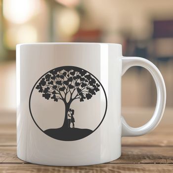 A stylized illustration of an intertwined tree with embracing figures, perfect for Valentine's Day or wedding decorations.