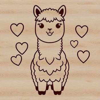 An illustration of a friendly alpaca surrounded by love hearts.