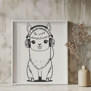 A digital vector illustration of a friendly-looking alpaca wearing headphones, suitable for various design applications.