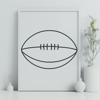 A digital illustration of an American Football with detailed lines and shapes.
