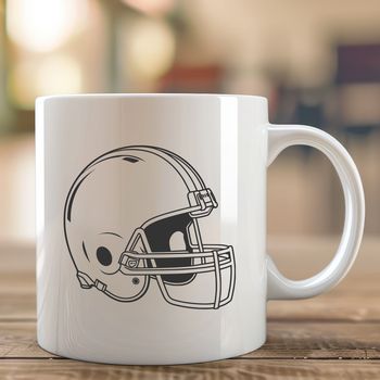 An illustration of an American football with a helmeted player in action.