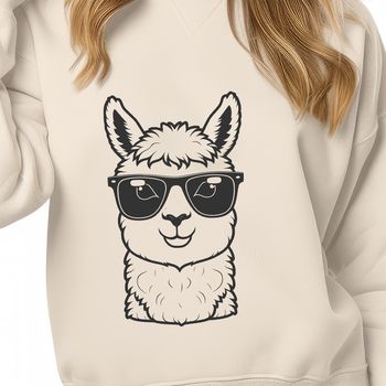 A cartoon-style alpaca wearing sunglasses on a sunny day.