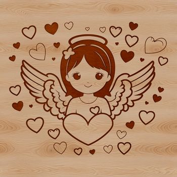 Illustrated angel design featuring a winged figure with a heart symbol, suitable for vector art projects.