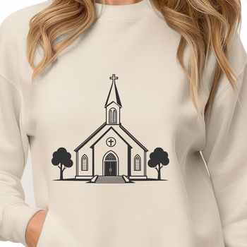 A simplified illustration of a traditional Baptist church with a steepled roof and symmetrical façade.