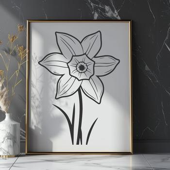 A stylized illustration of a daffodil flower with trumpet-shaped petals and a prominent center.