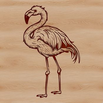 A realistic illustration of a flamingo standing on one leg, its feathers depicted in bright pink plumage.
