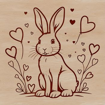 Illustration of a cartoon rabbit sitting in a floral setting with love hearts surrounding it.