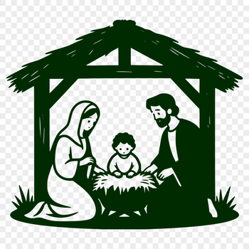A traditional Nativity scene illustration with Mary, Joseph, and the Baby Jesus in a rustic setting.