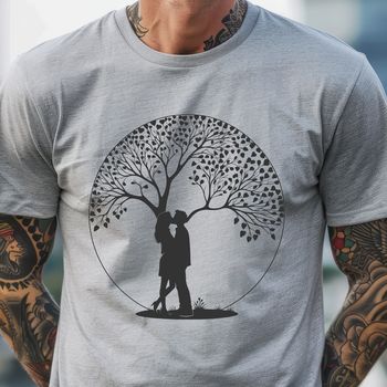 An ornate design of a tree featuring a couple embracing under its boughs, suitable for romantic themes and celebrations.