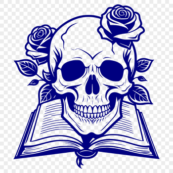 A black Gothic-style skull surrounded by a decorative book with a red rose.