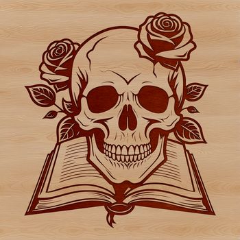 A detailed illustration of a Gothic-style skull with ornate details, suitable for cutting or laser engraving.