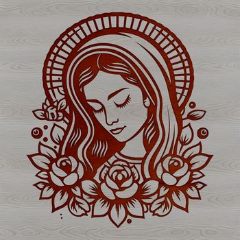 A stylized illustration of the Virgin Mary with ornate floral patterns surrounding her head.