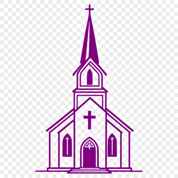 A detailed illustration of a traditional Protestant church exterior with Gothic architecture.
