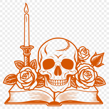 A traditional Gothic-style skull surrounded by a wreath of roses, set against a dark background.