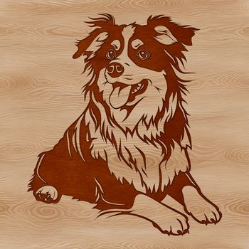 A portrait illustration of a laying Australian Shepherd dog with a calm expression.
