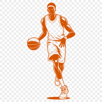 A male basketball player in mid-motion, with the ball at his side.