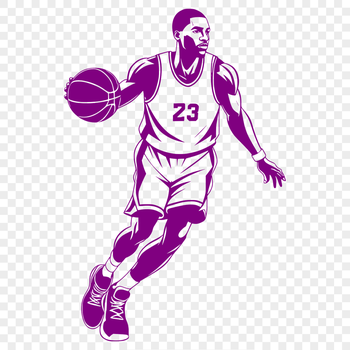 A male basketball player in motion, with the ball at his side.