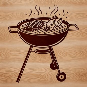 A simple illustration of a BBQ grill with sizzling food on the grates.