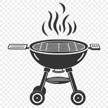 A graphic representation of a backyard BBQ setup, featuring a grill, utensils, and food.