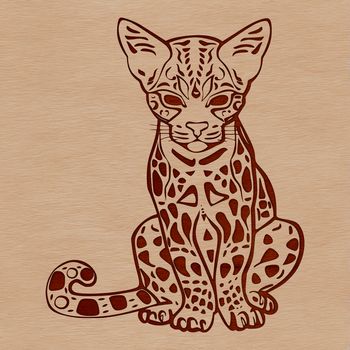 A close-up illustration of an ocelot sitting on its haunches, showcasing the animal's distinctive markings and fur pattern.