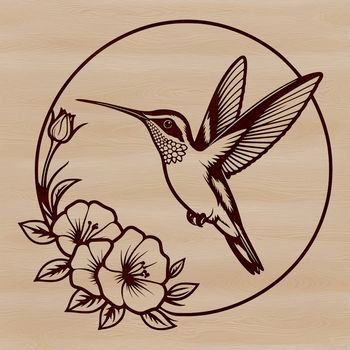 A detailed vector design of a hummingbird in flight amidst a lush green environment.
