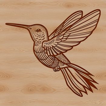 A colorful hummingbird in mid-air, its wings spread wide as it flies through a vibrant garden.