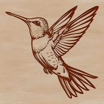A colorful hummingbird in mid-flight, with its iridescent feathers and long beak.