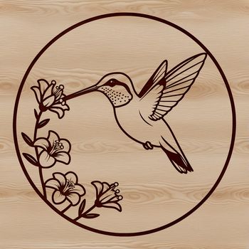 An illustration of a hummingbird in flight near flowers.