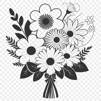 An illustration of a bouquet of mixed flowers tied with ribbon.
