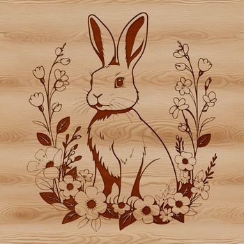 A stylized illustration of a sitting rabbit surrounded by floral elements.