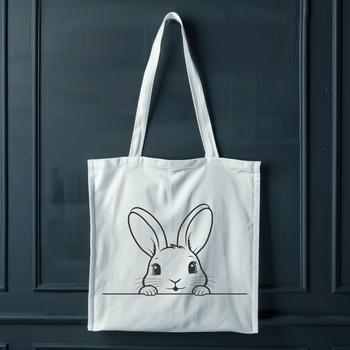 A cartoon rabbit's head peeking out from behind a decorative Easter-themed element.