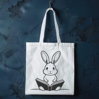 A cartoon rabbit sitting on the ground with a book in its paws.