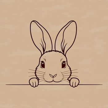 A simple illustration of a rabbit's head peeking out from behind a bush.