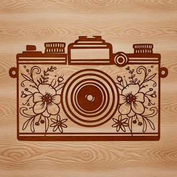 Ornate camera illustration with floral details, suitable for vector design projects and commercial or personal use.