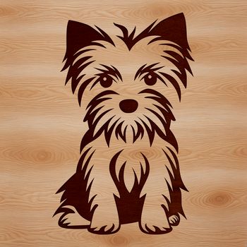 A small breed dog, specifically a Yorkshire Terrier, depicted in a sitting position.