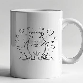 A digital illustration of a capybara with love hearts surrounding it.