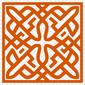 A stylized illustration of a Celtic knot pattern featuring intricate embellishments and shapes.